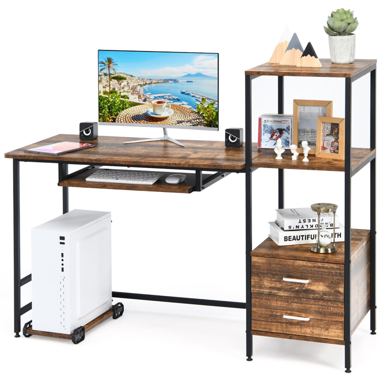 Gymax Computer Desk Gaming Writing Workstation w/ Movable Stand & Drawer Rustic Brown